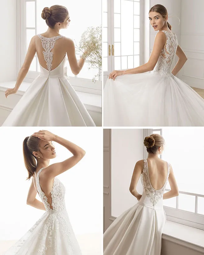 Detalles de espalda de distintos vestidos de novia de encaje